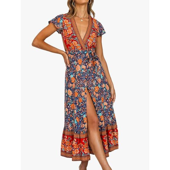 PRETTYGARDEN Dresses & Skirts - PRETTYGARDEN | Women Boho Side Split Deep V Neck Short Sleeves Maxi Wrap Dress